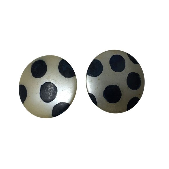 Women's Large Round White Clip On Earrings with Navy Blue Polka Dots on them - Picture 1 of 2